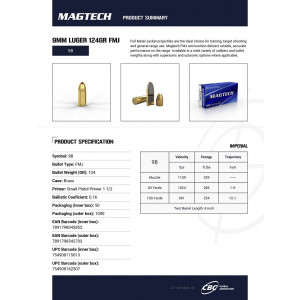 Magtech FMJ calibre 9x19 mm 124grs boîte de 50